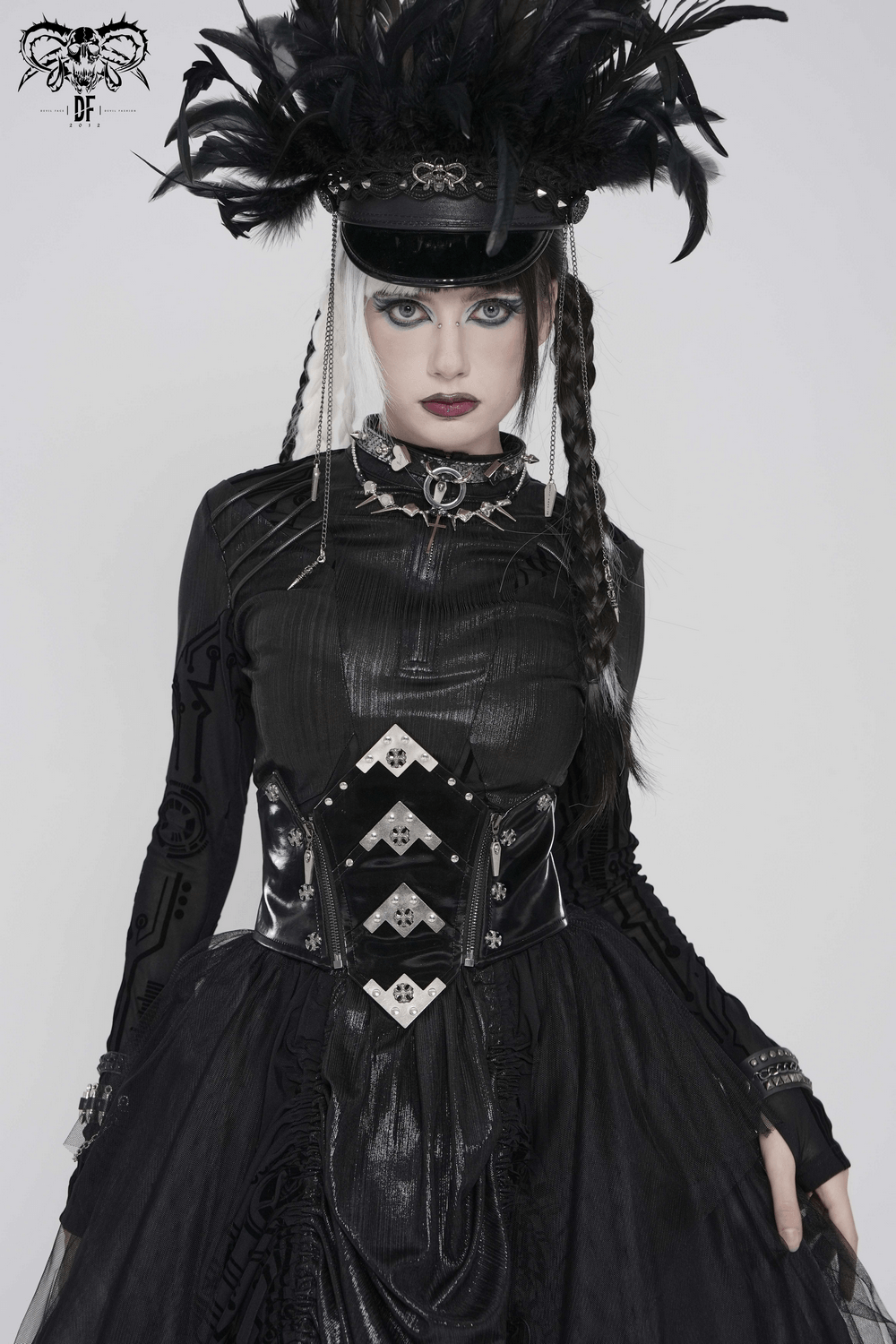 Black Cyberpunk Mesh Circuit Print Zip Up Techwear Top featured in a striking goth style with dramatic accessories.