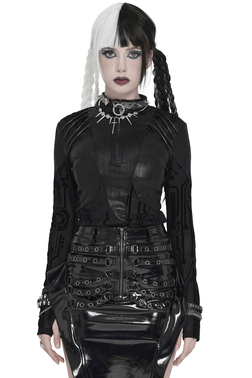 Black Cyberpunk Mesh Circuit Print Zip Up Techwear Top on model featuring bold circuit print and edgy design.