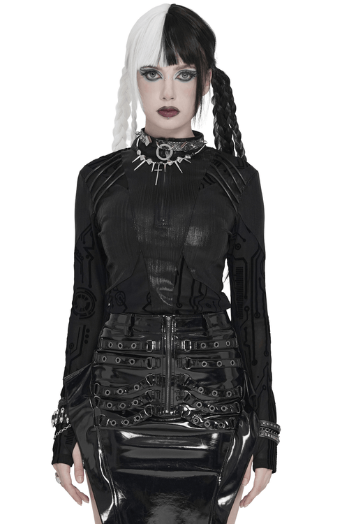 Haut Techwear à Fermeture Éclair avec Imprimé Circuit en Maille Cyberpunk Noire