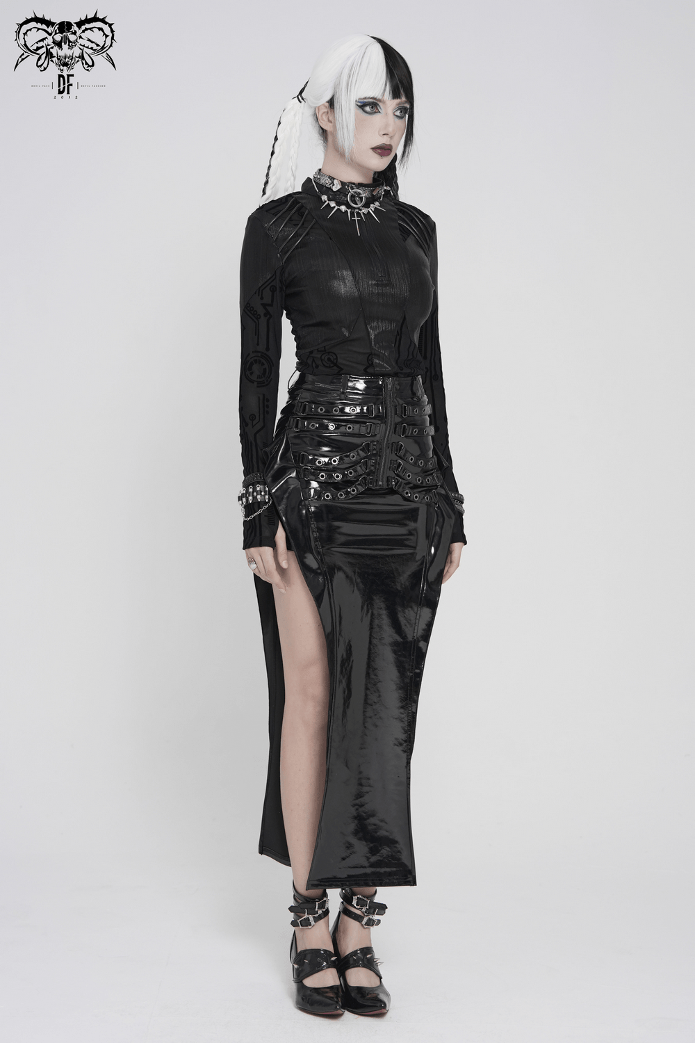 Model showcasing Black Cyberpunk Mesh Circuit Print Zip Up Techwear Top with edgy accessories and sleek styling.