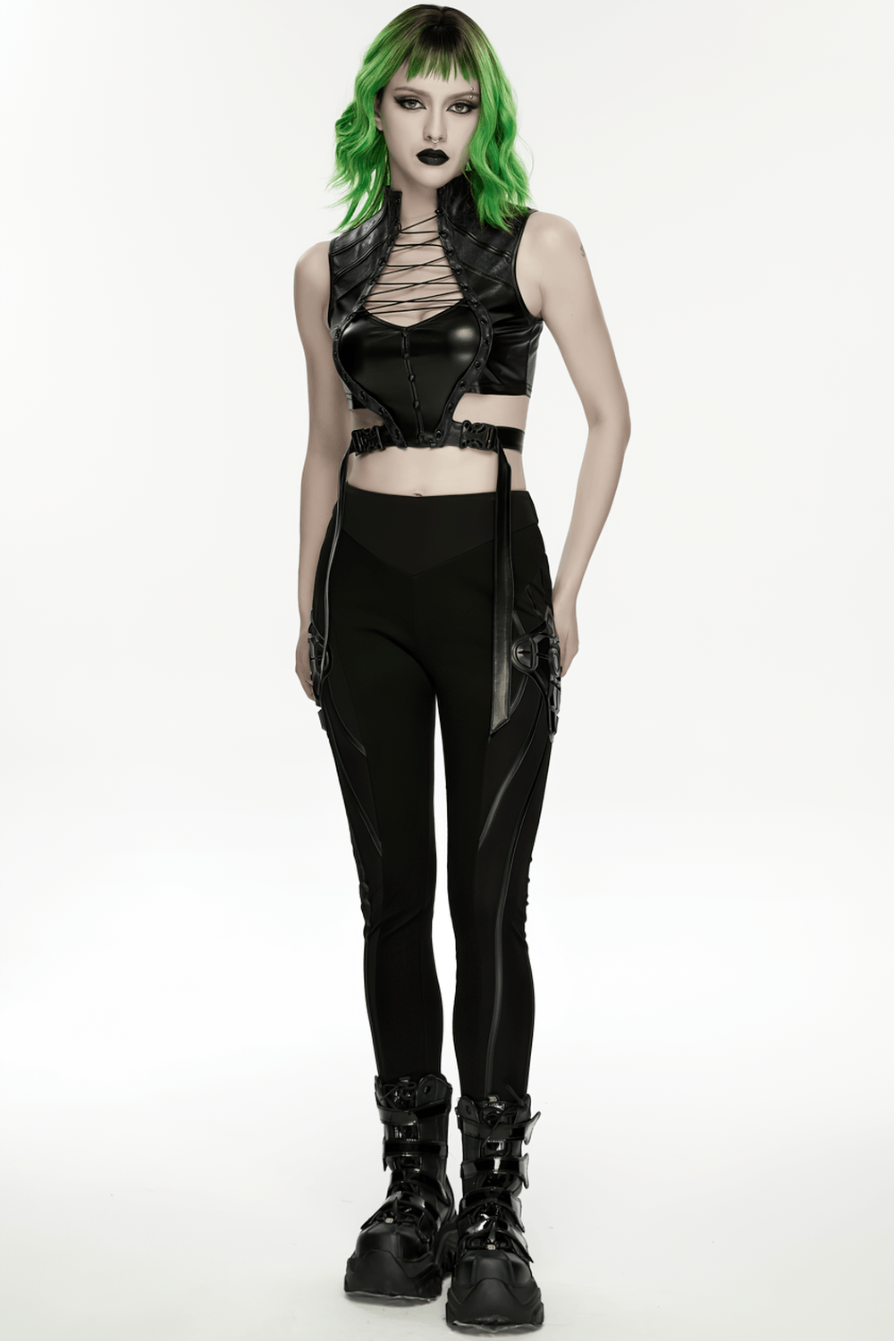 Alt Tag: Black Cyberpunk Panel Leggings with 3D Side Armor on model, sculpted panel seams and futuristic black rubber side armor details
