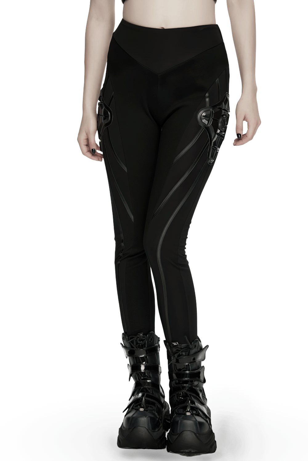 Alt Tag: Black Cyberpunk Panel Leggings with 3D Side Armor front view, black sculpted panel leggings with futuristic 3D side armor details