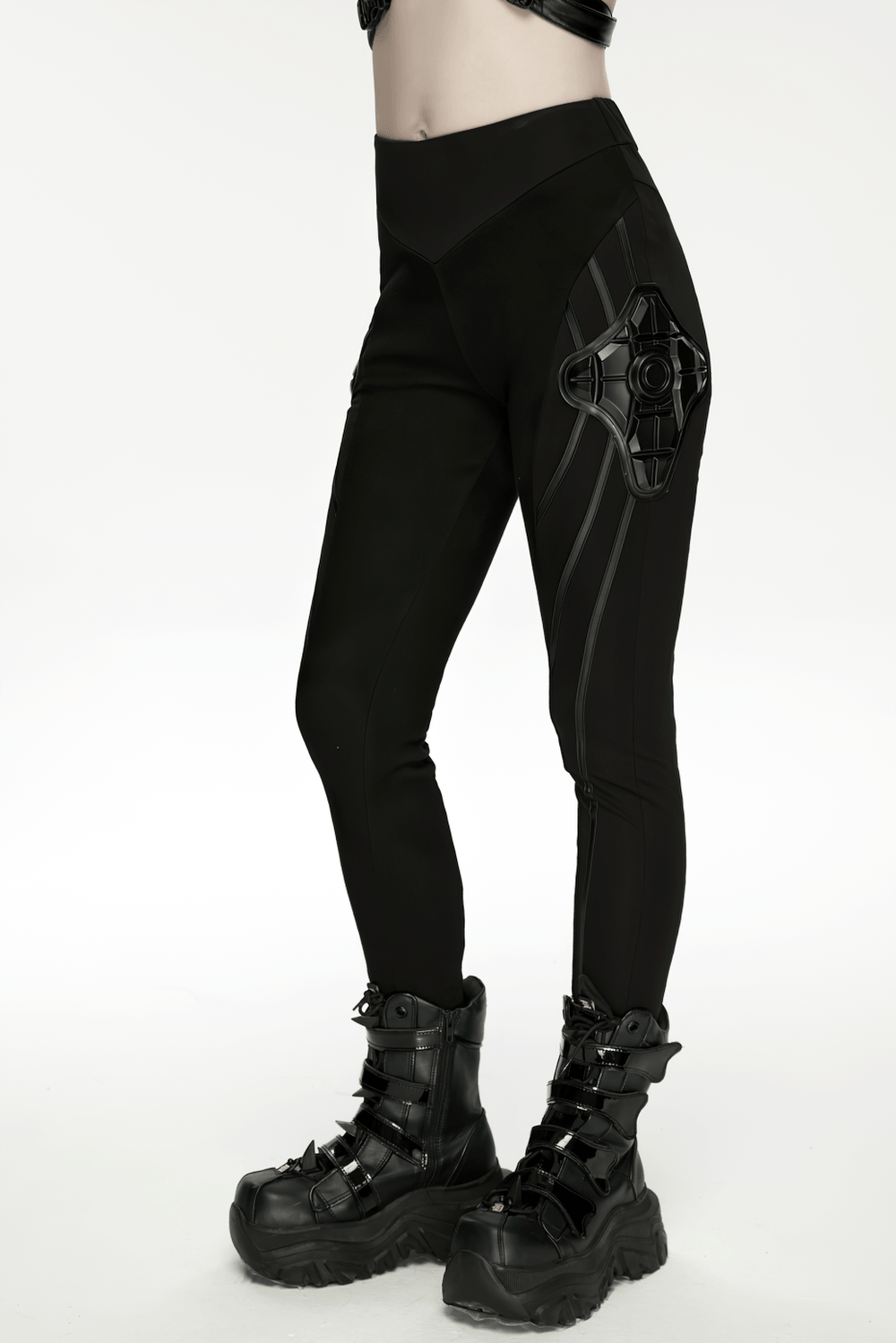 Alt Tag: Black Cyberpunk Panel Leggings with 3D Side Armor, black futuristic leggings with sculpted seams and 3D rubber side armor