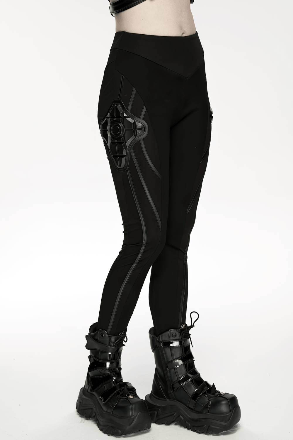 Black Cyberpunk Panel Leggings with 3D Side Armor in black, sculpted panel seams and rubber side armor, futuristic body-hugging fit