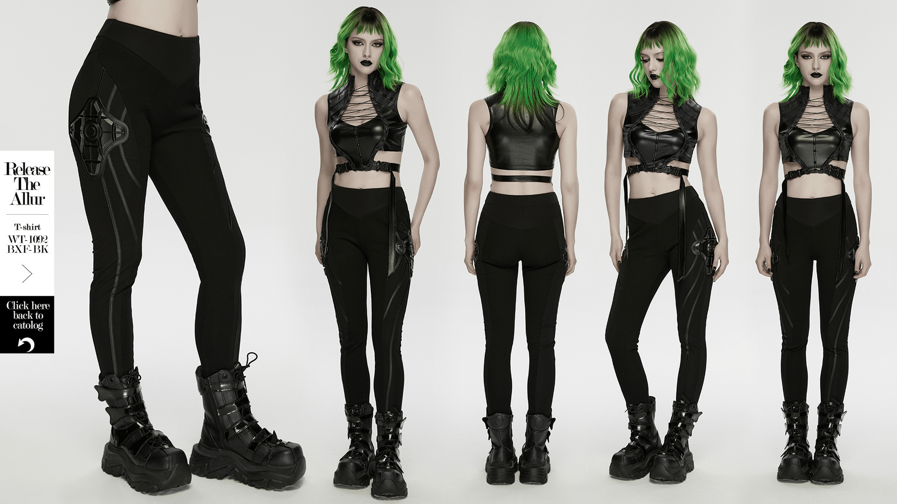 Alt Tag: Black Cyberpunk Panel Leggings with 3D Side Armor shown on model, black futuristic leggings with segmented seams and armored side panels
