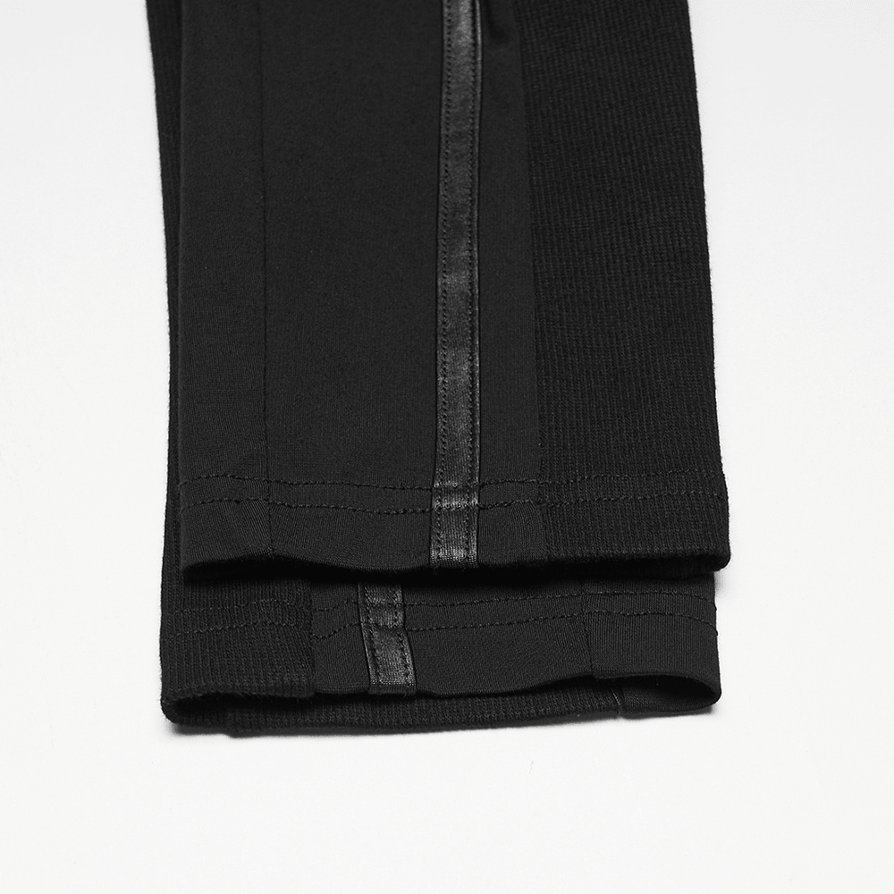 Alt Tag: Black Cyberpunk Panel Leggings with 3D Side Armor close-up of cuff hem with sculpted panel seam and textured black knit fabric