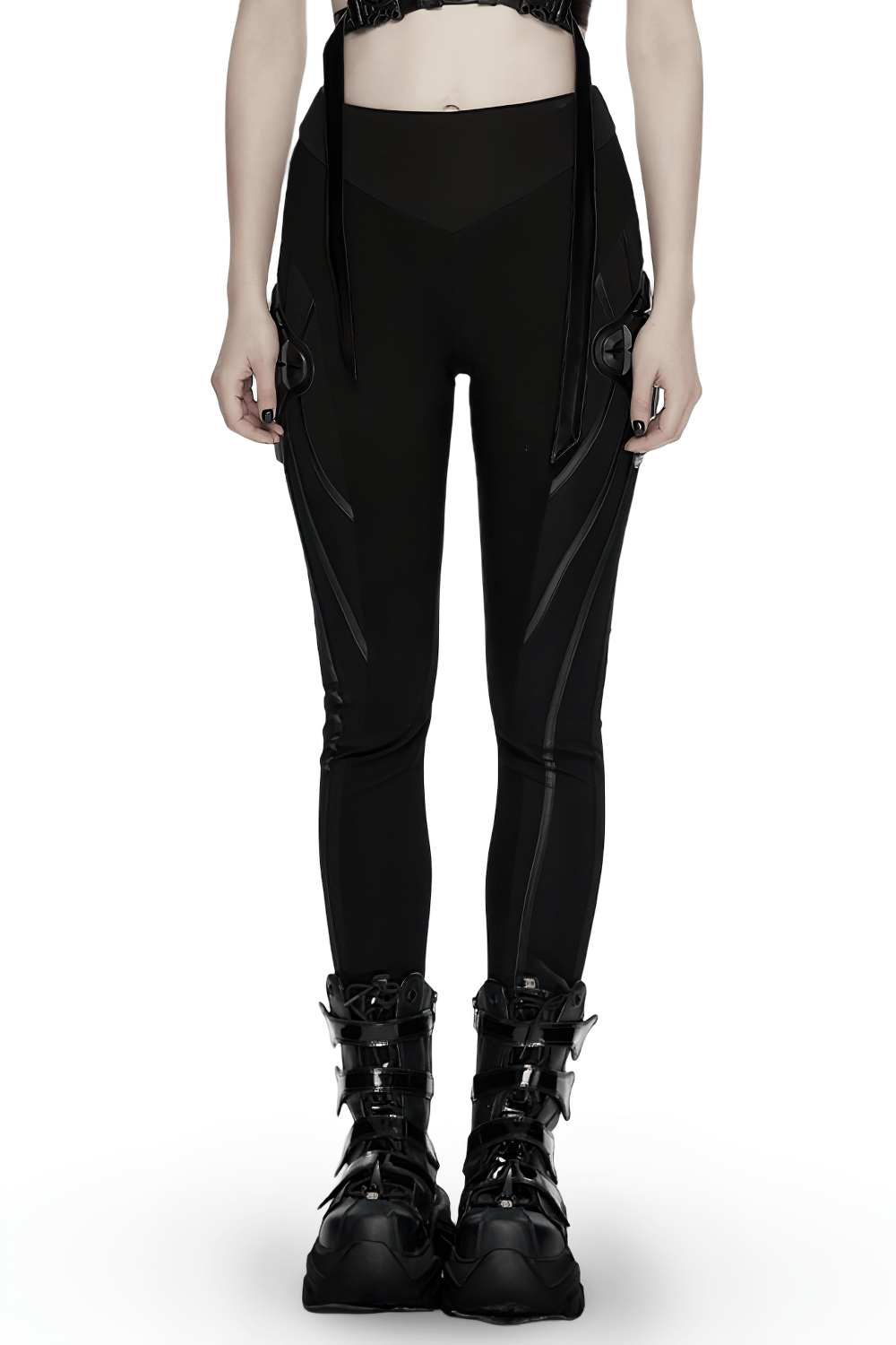 Alt Tag: Black Cyberpunk Panel Leggings with 3D Side Armor front view, black high-waist leggings with sculpted panels and side armor details