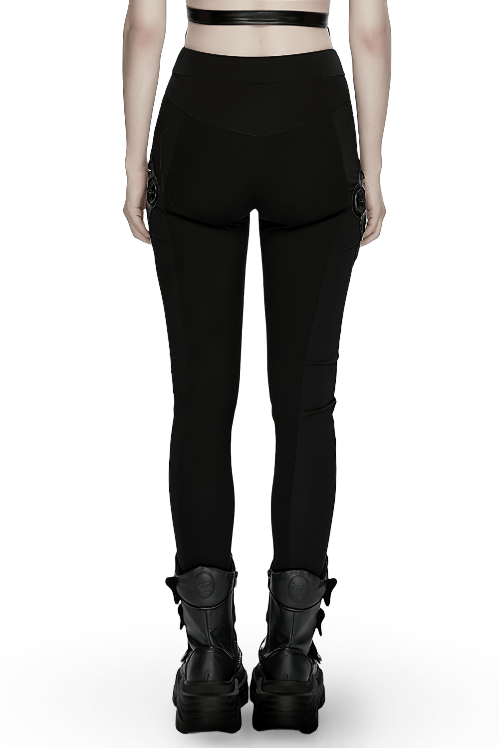 Alt Tag: Black Cyberpunk Panel Leggings with 3D Side Armor back view, black sculpted panel leggings with rubber side armor details