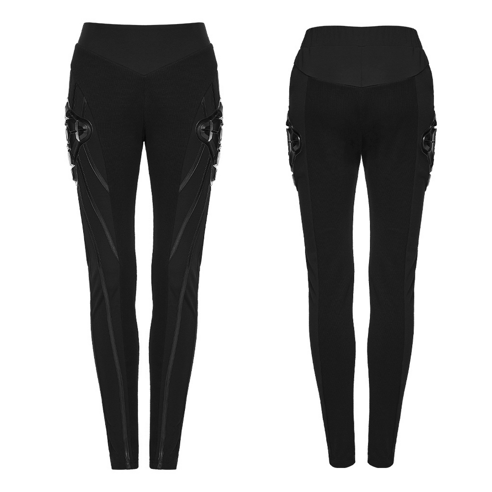 Alt Tag: Black Cyberpunk Panel Leggings with 3D Side Armor, front and back view, black sculpted panels and rubber side armor details