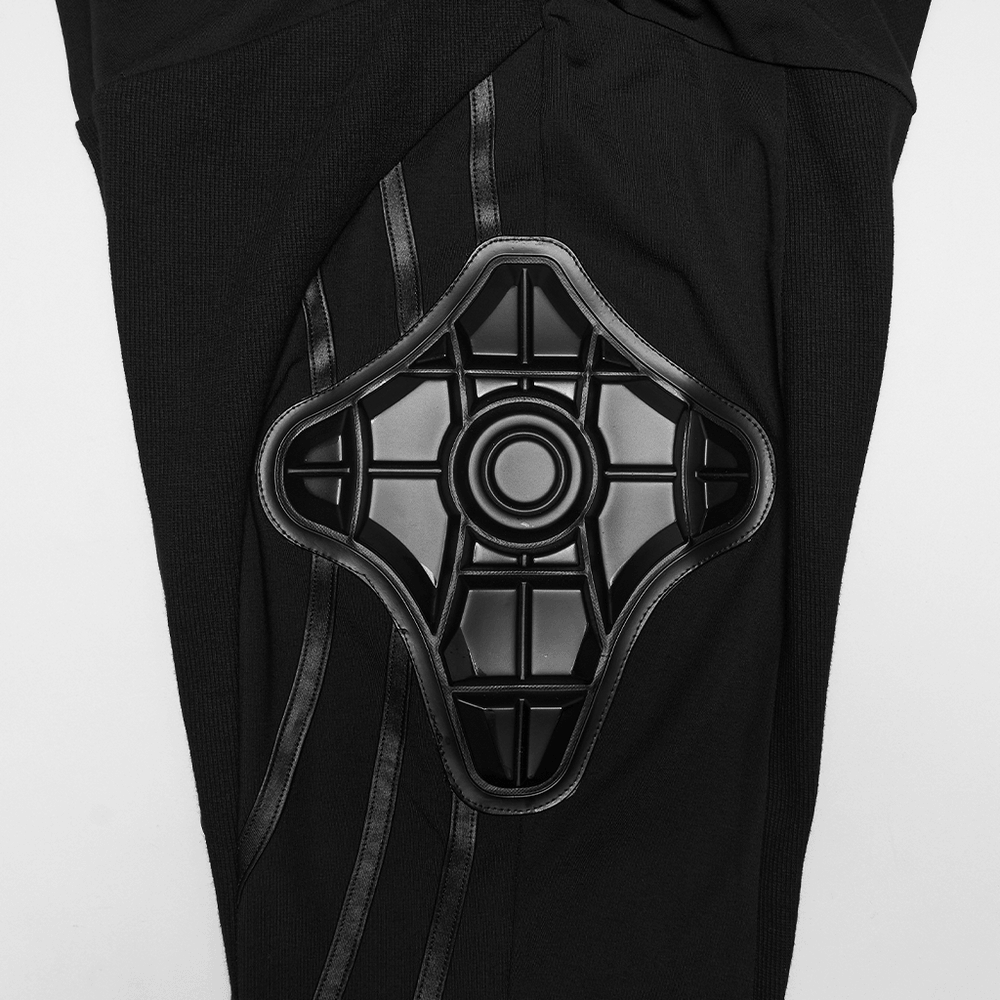 Alt Tag: Black Cyberpunk Panel Leggings with 3D Side Armor close-up of 3D black rubber side armor panel and segmented seams
