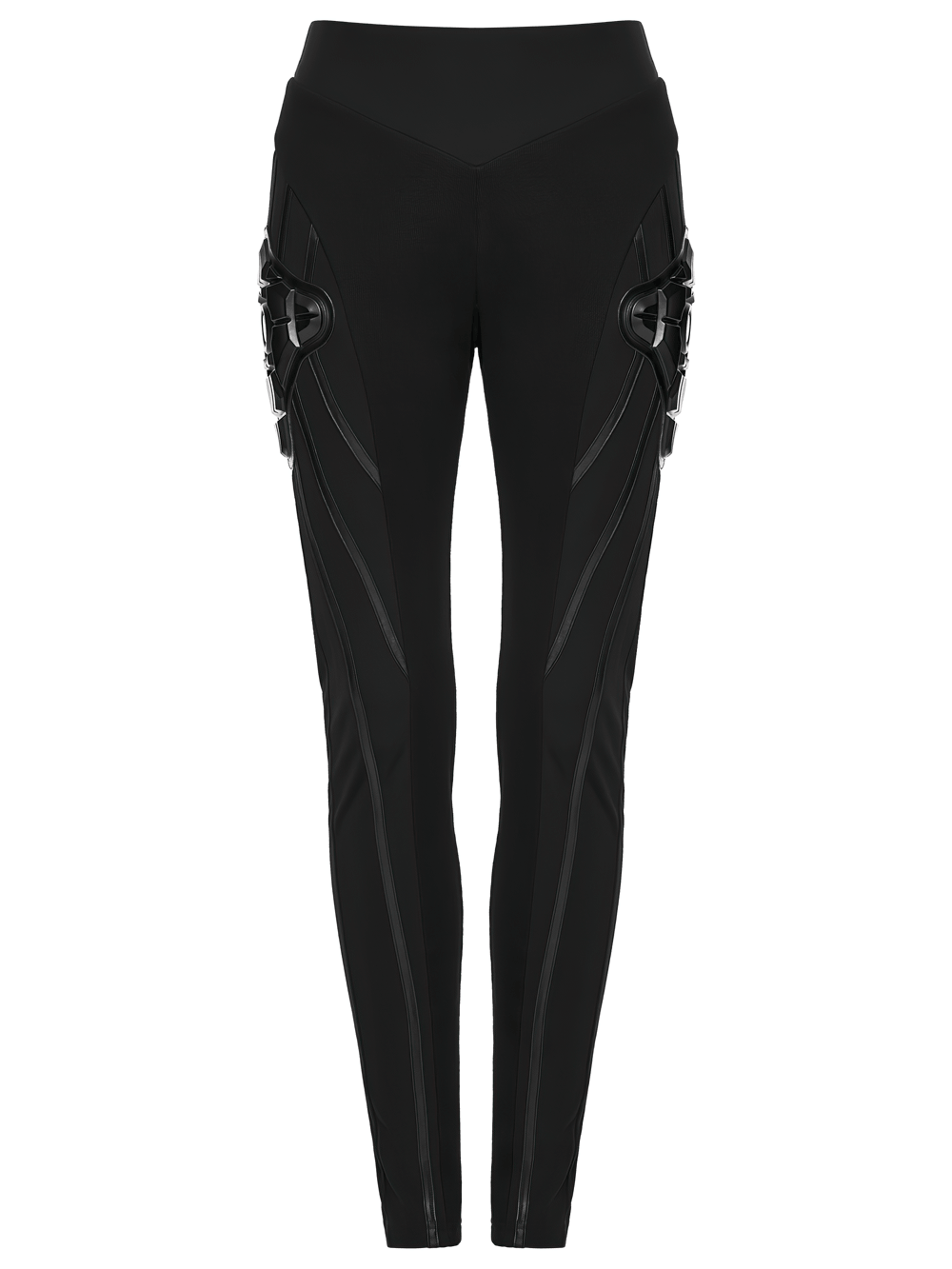Alt Tag: Black Cyberpunk Panel Leggings with 3D Side Armor, black sculpted panel leggings with 3D rubber side armor detail