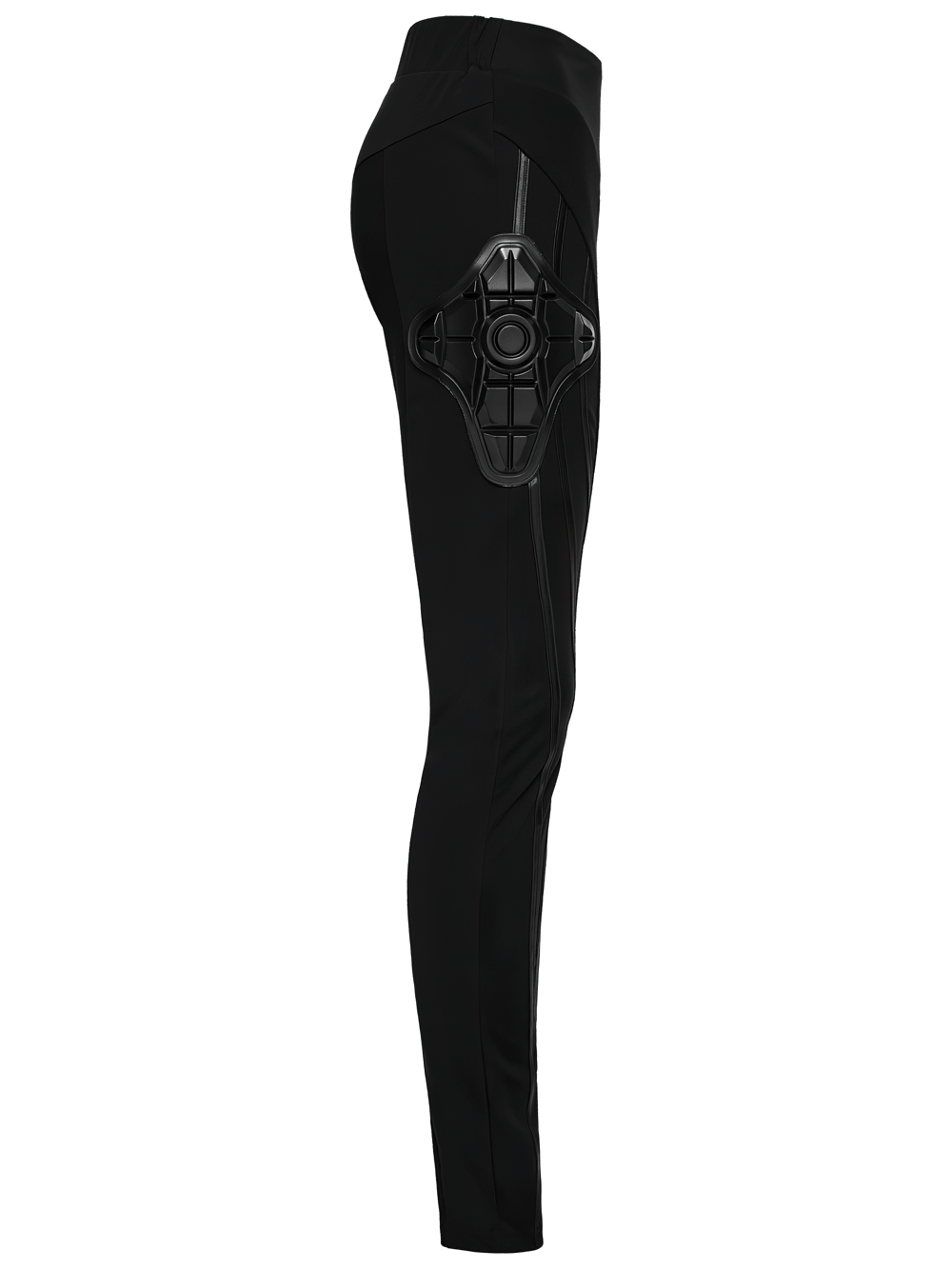 Alt Tag: Black Cyberpunk Panel Leggings with 3D Side Armor, side view black leggings with sculpted panels and 3D rubber thigh armor