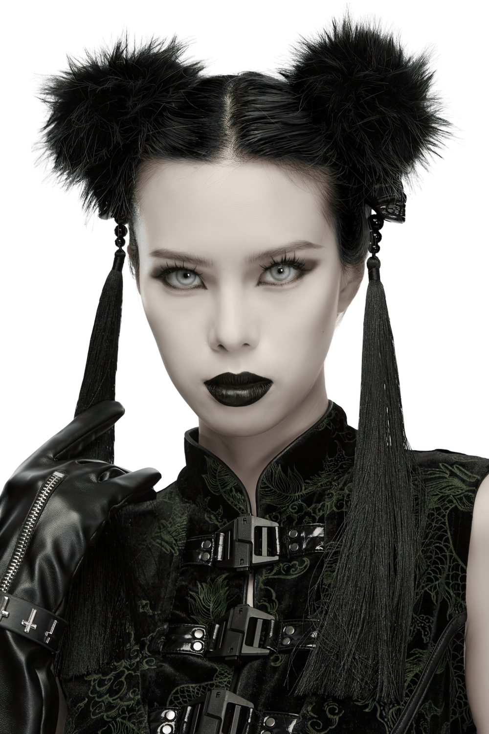 Schwarze Cyberpunk-Pompon-Haarspangen mit Quasten