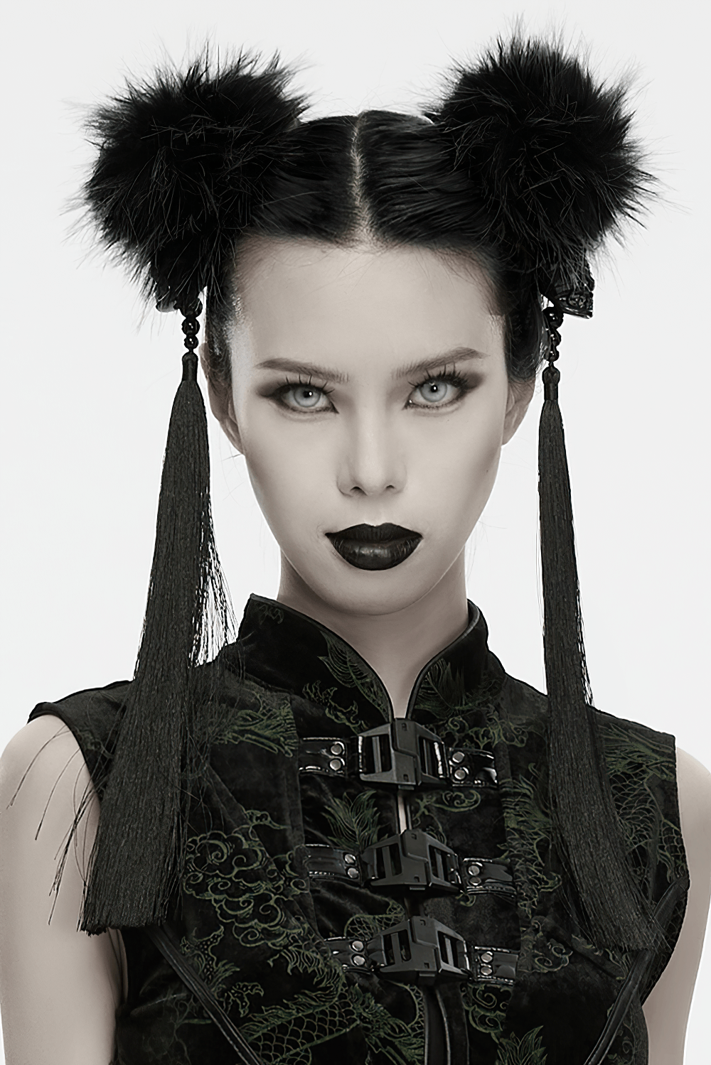 Schwarze Cyberpunk-Pompon-Haarspangen mit Quasten