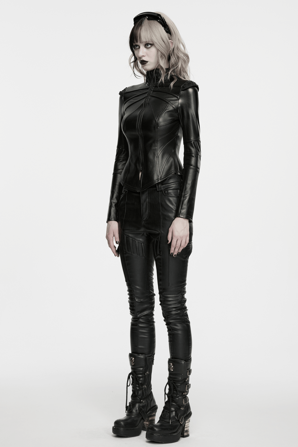 Black Cyberpunk Slim Cargo Pants with Pleated Panels styled with a sleek, edgy black leather outfit.