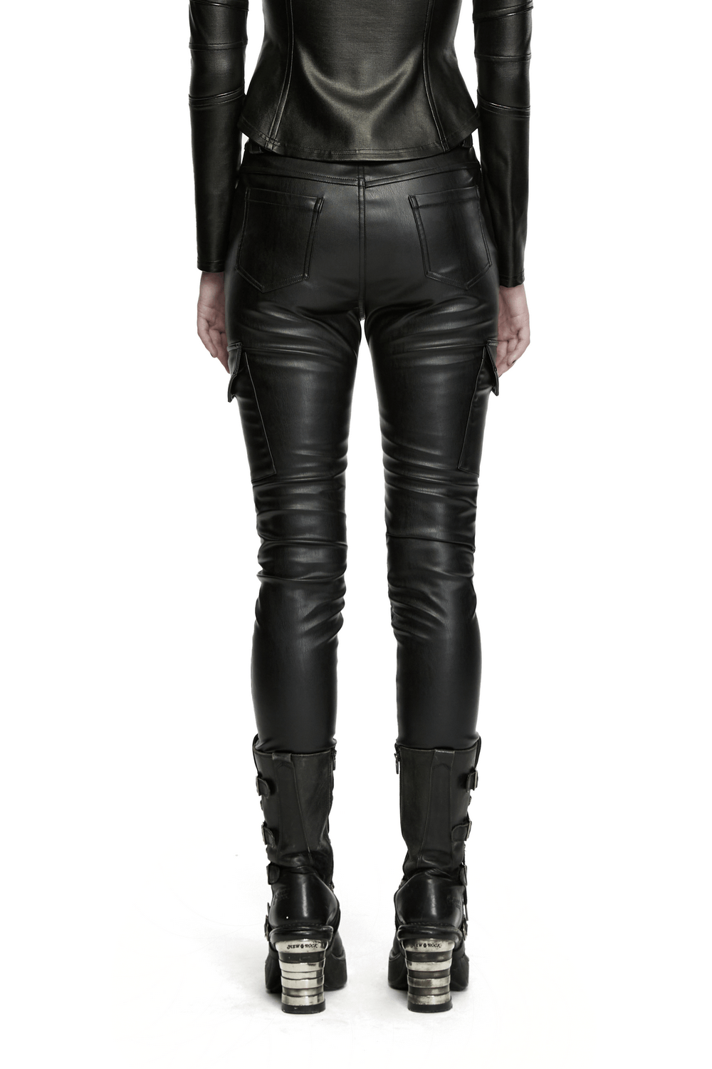 Black Cyberpunk Slim Cargo Pants with Pleated Panels showcasing a stylish back view.