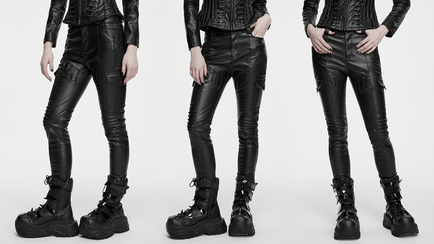 Black Cyberpunk Slim Cargo Pants with Pleated Panels showcased in stylish poses and edgy footwear.