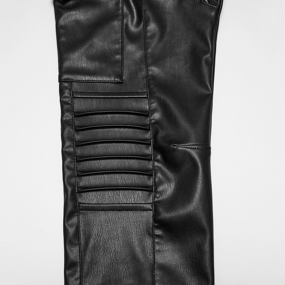 Close-up of the pleated panel detail on the Black Cyberpunk Slim Cargo Pants with Pleated Panels.