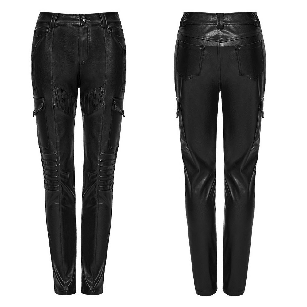 Black Cyberpunk Slim Cargo Pants with Pleated Panels showcasing front and back views.