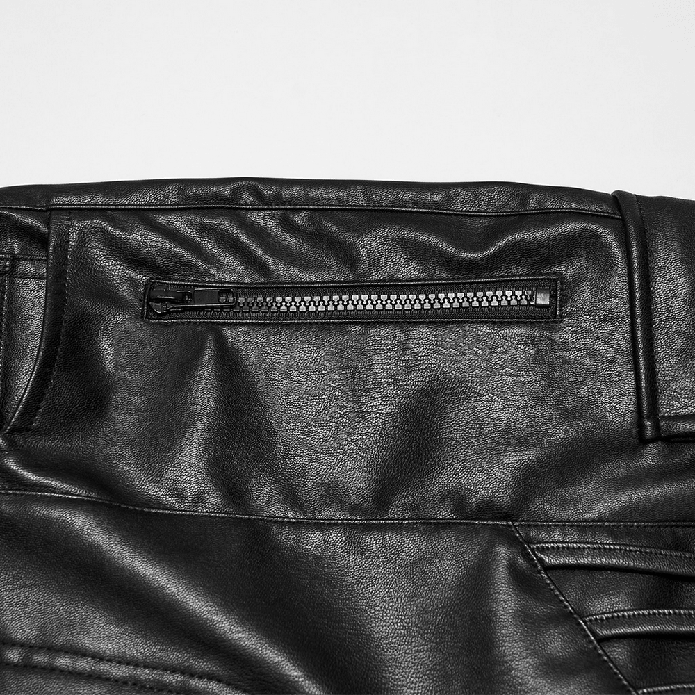 Close-up of the zipper on Black Cyberpunk Slim Cargo Pants with Pleated Panels, showcasing stylish details.