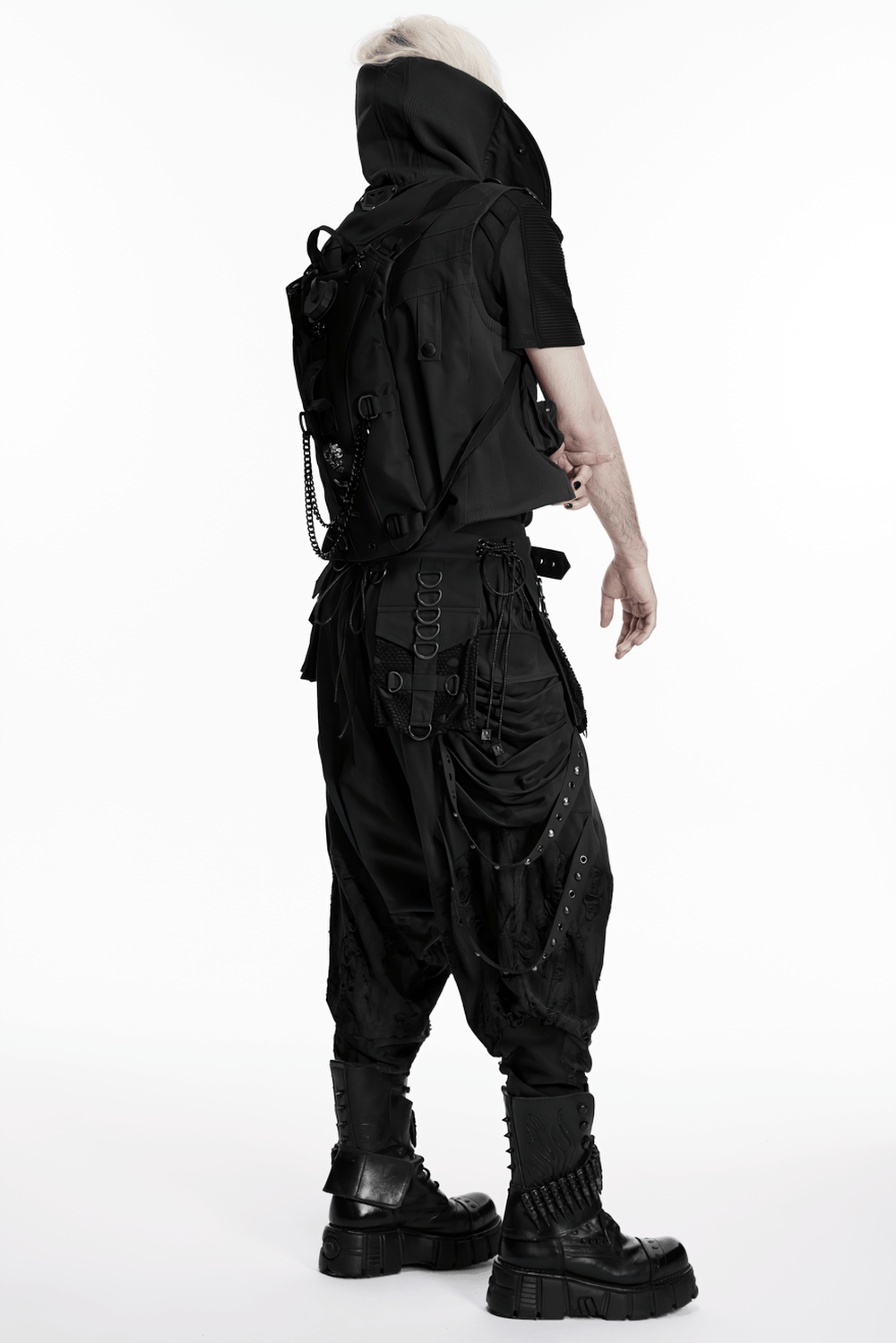Black Cyberpunk Tactical Backpack with Chain Detail worn by a model showcasing a bold punk style.