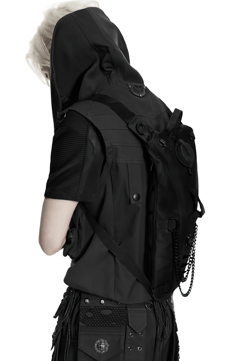 Black Cyberpunk Tactical Backpack with Chain Detail worn by model showcasing punk style.