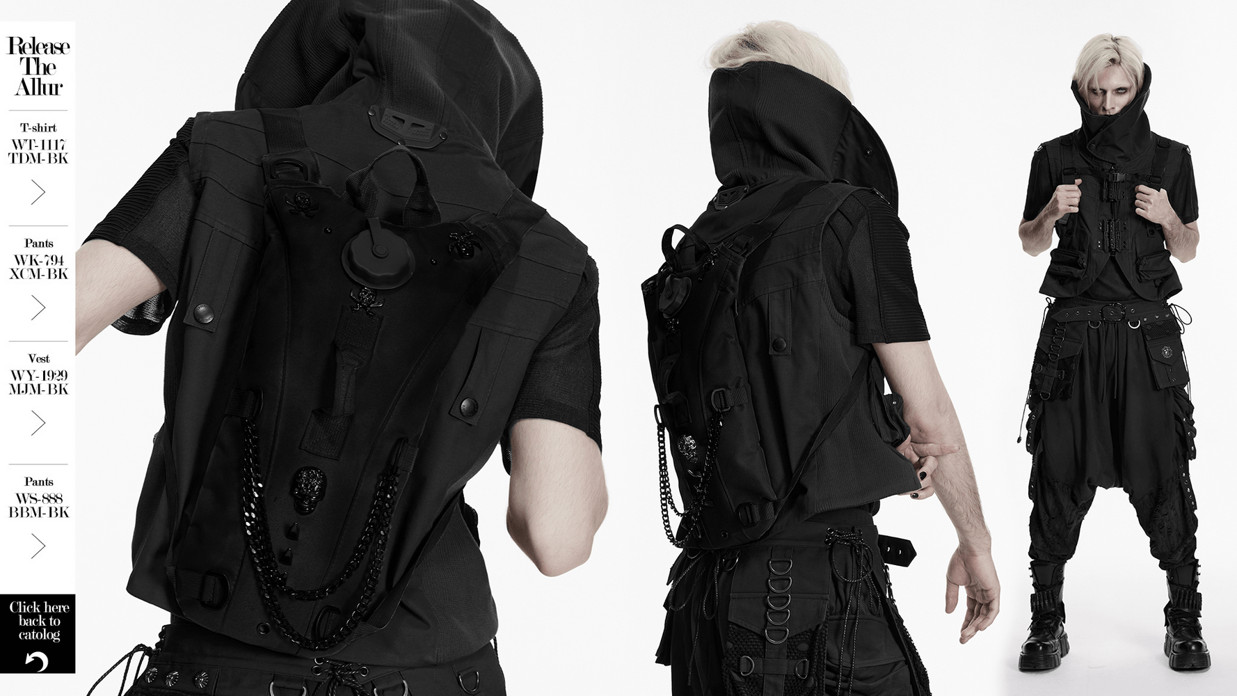 Black Cyberpunk Tactical Backpack with Chain Detail worn by model showcasing edgy punk style.