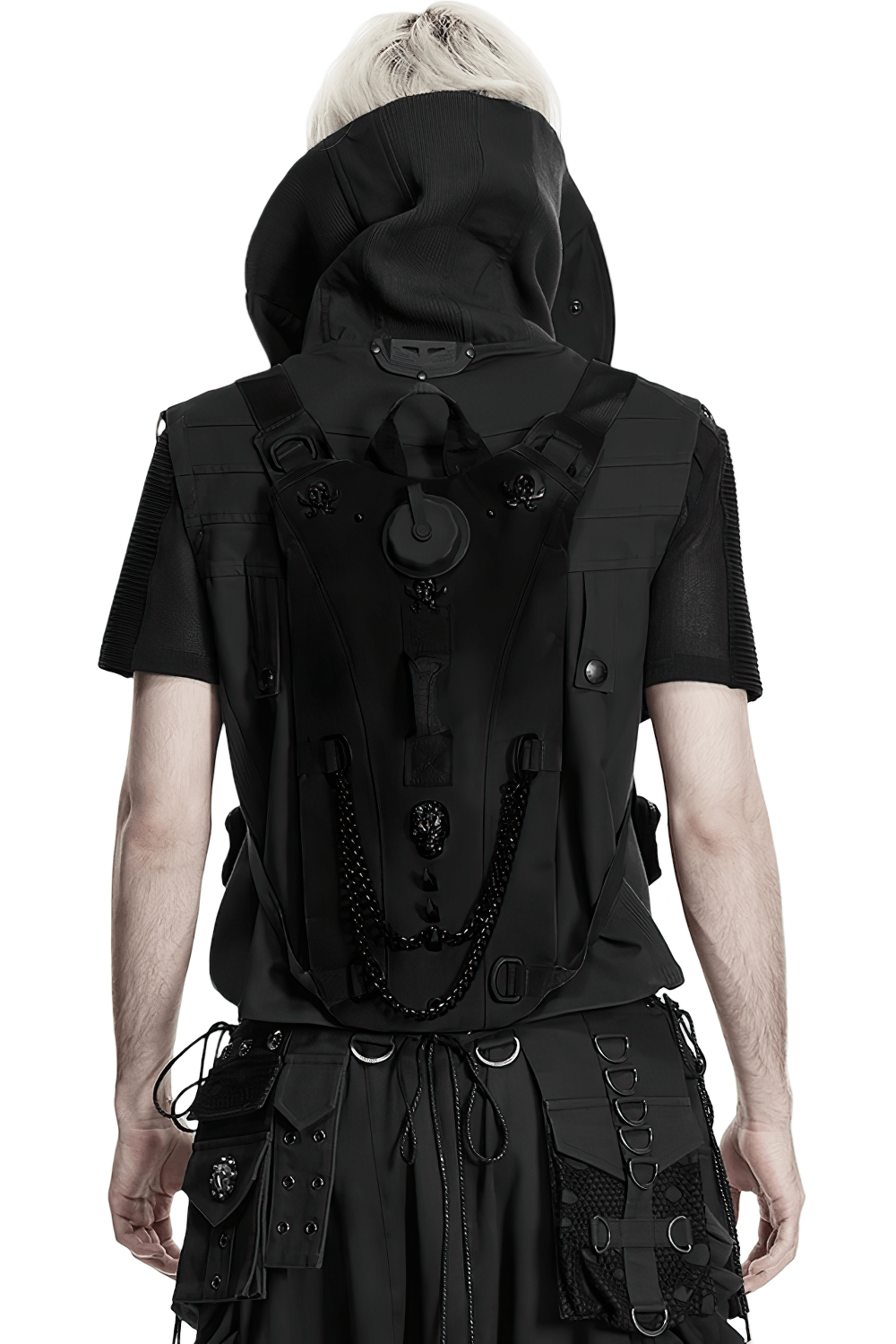 Black Cyberpunk Tactical Backpack with Chain Detail worn on a model showcasing the back design and accessories.