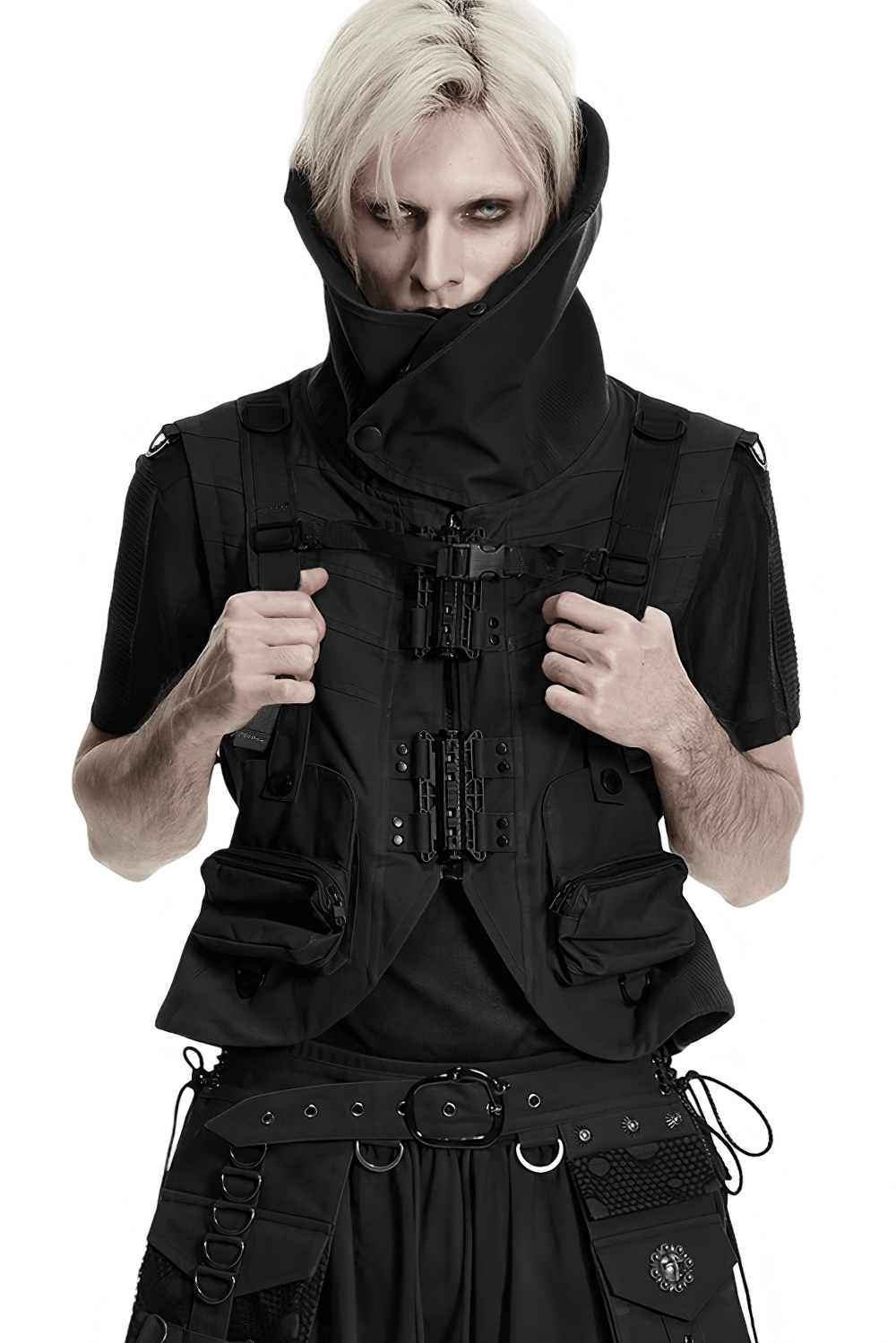 Black Cyberpunk Tactical Backpack with Chain Detail worn by a model, showcasing its edgy design and unique features.