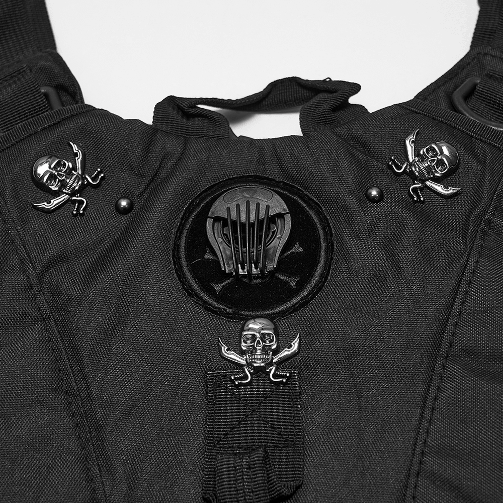 Black Cyberpunk Tactical Backpack with Chain Detail featuring skull studs and metallic accents.