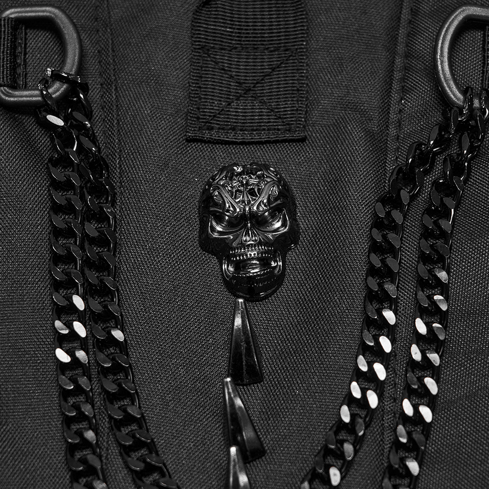 Close-up of skull studs and chains on a Black Cyberpunk Tactical Backpack with Chain Detail.