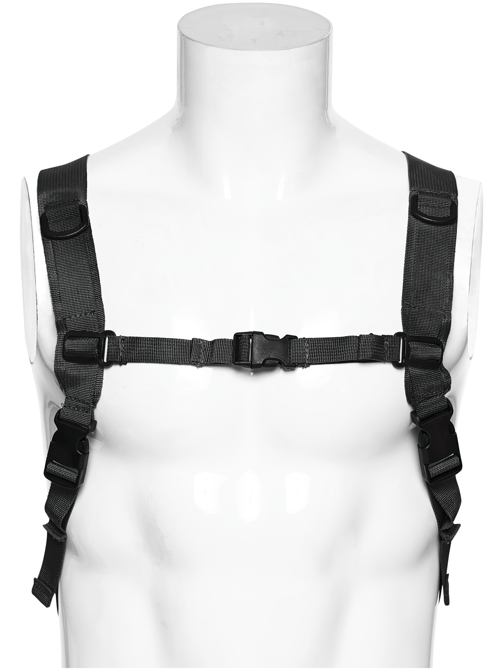 Black Cyberpunk Tactical Backpack with Chain Detail adjustable harness featured on a mannequin.