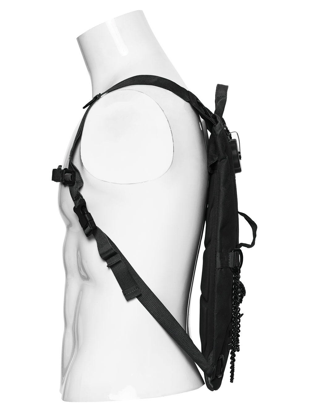 Black Cyberpunk Tactical Backpack with Chain Detail showcased on a mannequin's side, highlighting adjustable straps and design.