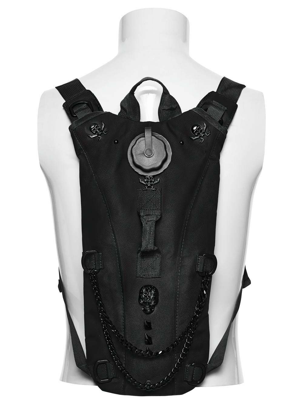 Black Cyberpunk Tactical Backpack with Chain Detail featuring skull studs and a portable water device.