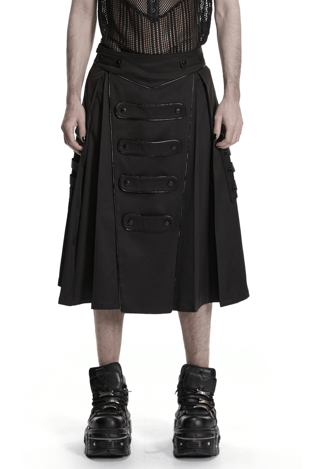 Black Cyberpunk Utility Skirt with Strap Panels for Men worn by model showcasing its draped twill design.