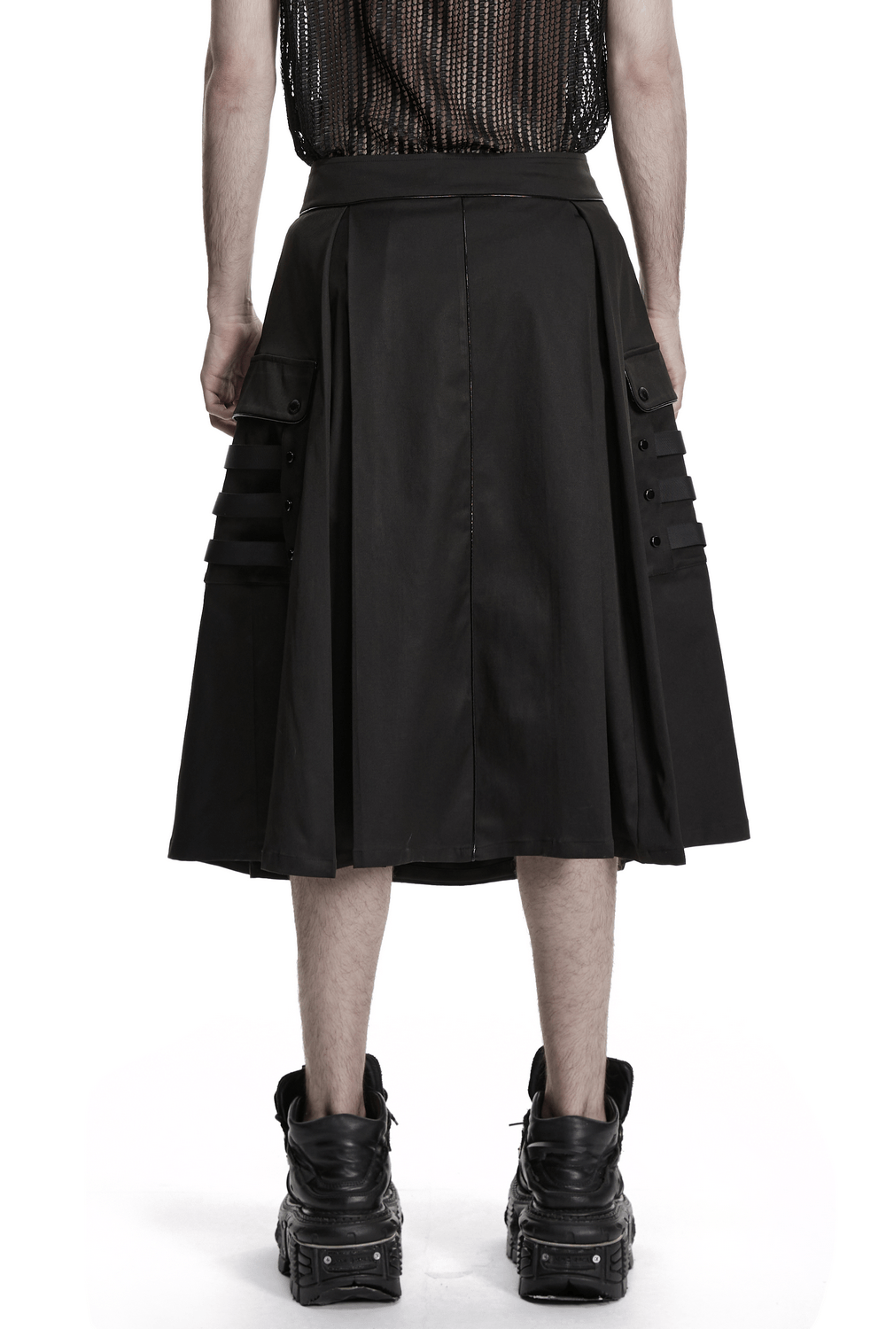 Back view of Black Cyberpunk Utility Skirt with Strap Panels for Men showcasing cargo details and sharp panel construction.