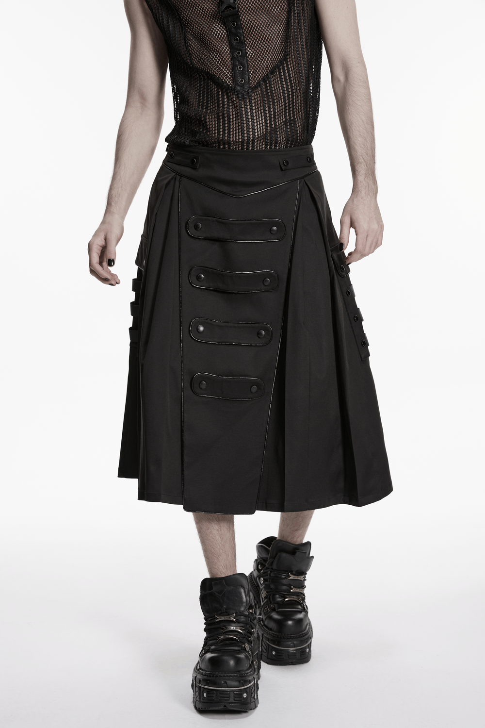 Black Cyberpunk Utility Skirt with Strap Panels for Men worn by model, showcasing draped design and industrial details.