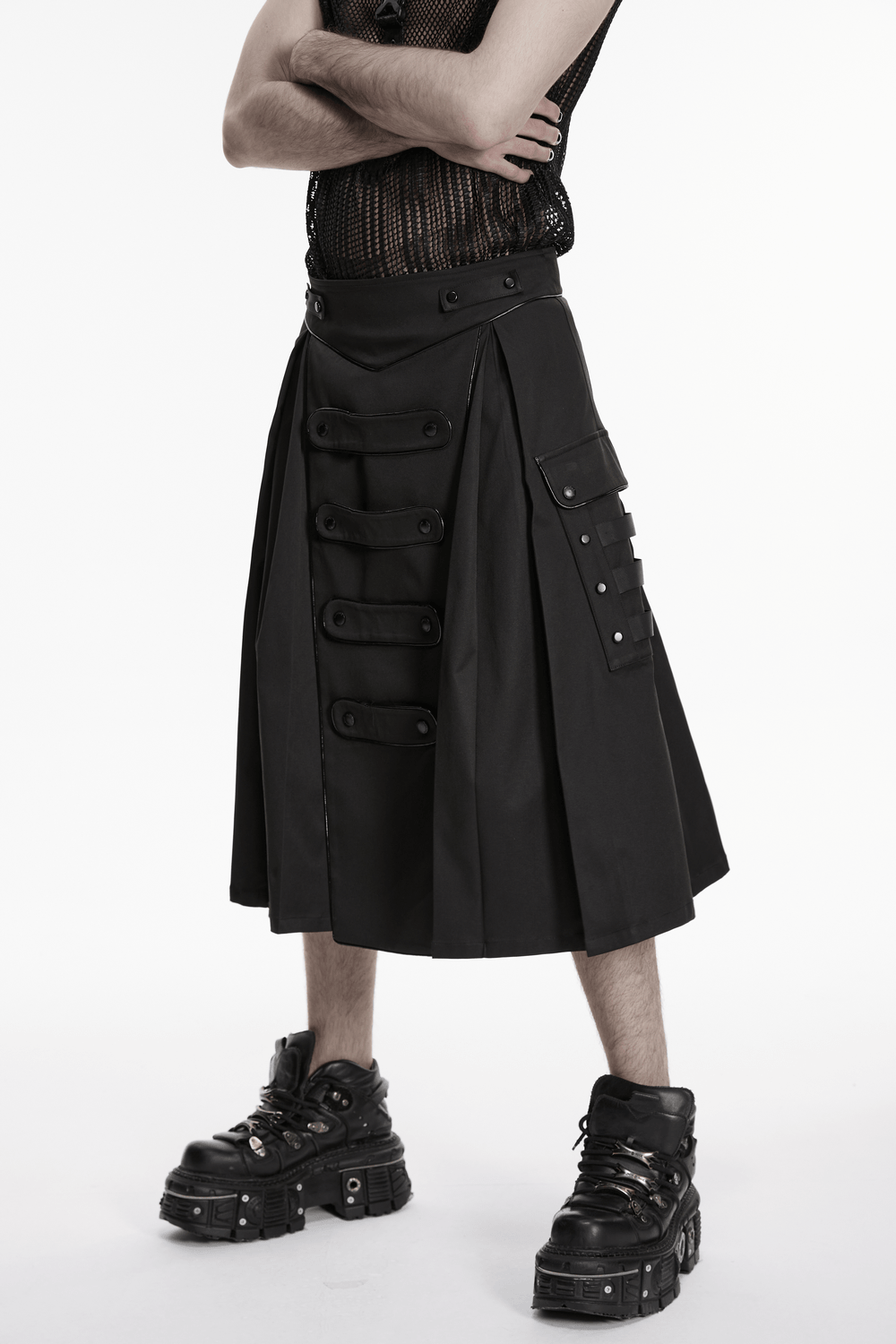 Black Cyberpunk Utility Skirt with Strap Panels for Men showcasing draped twill cargo details and button accents.