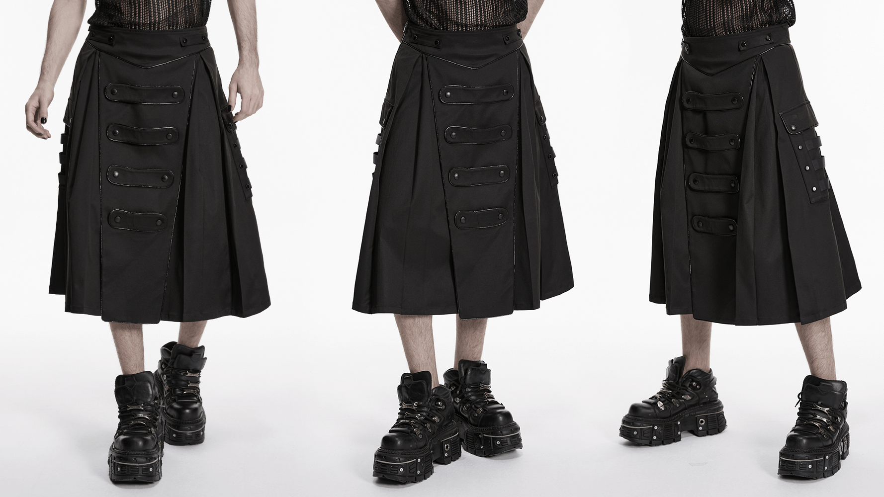 Black Cyberpunk Utility Skirt with Strap Panels for Men showcased on model, featuring cargo details and layered straps.
