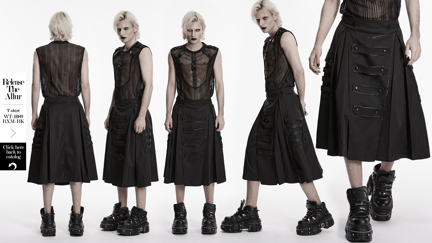 Black Cyberpunk Utility Skirt with Strap Panels for Men showcased from multiple angles with edgy styling.