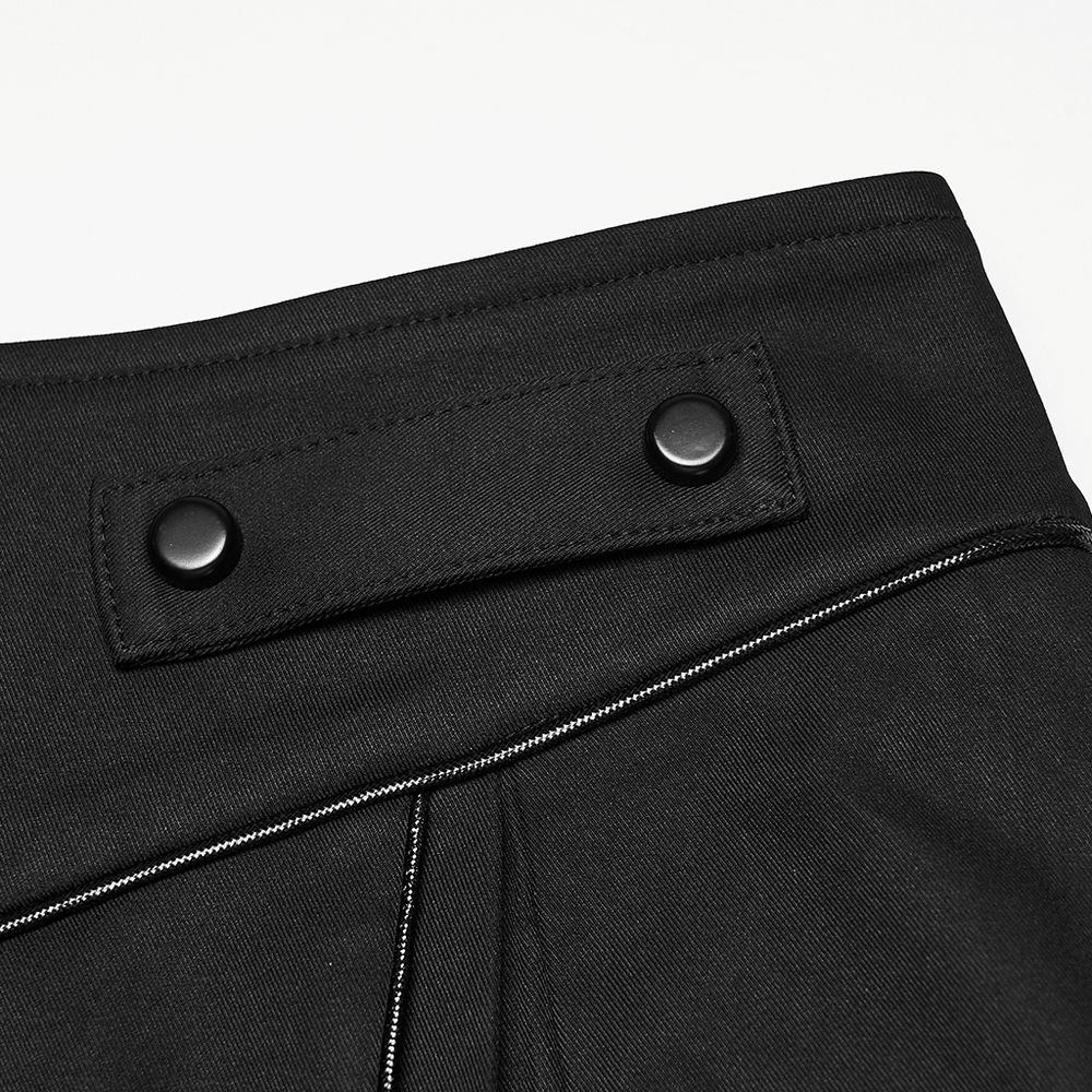 Black Cyberpunk Utility Skirt with Strap Panels for Men featuring button accents and twill fabric details.