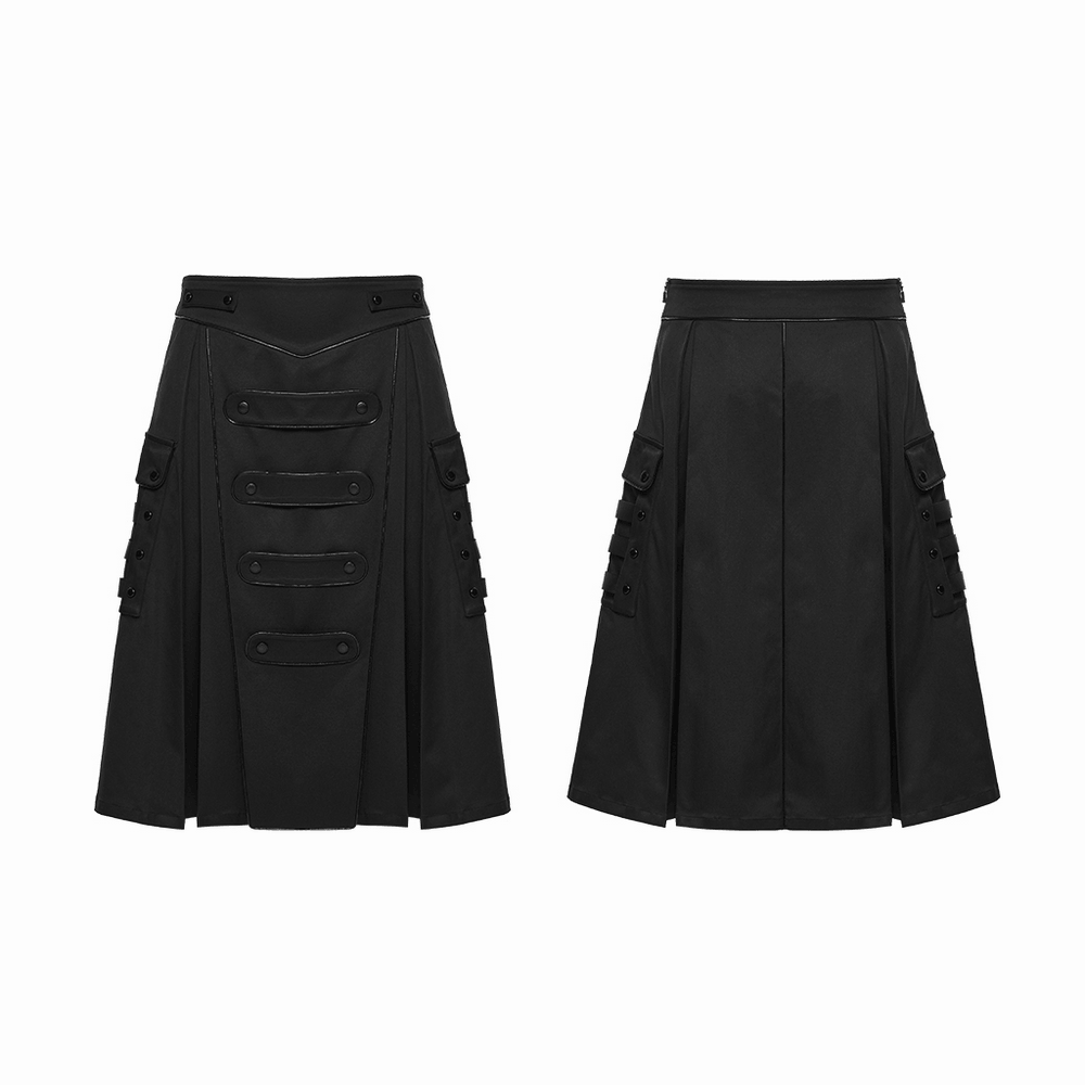 Black Cyberpunk Utility Skirt with Strap Panels for Men showcasing a stylish design and practical pockets.
