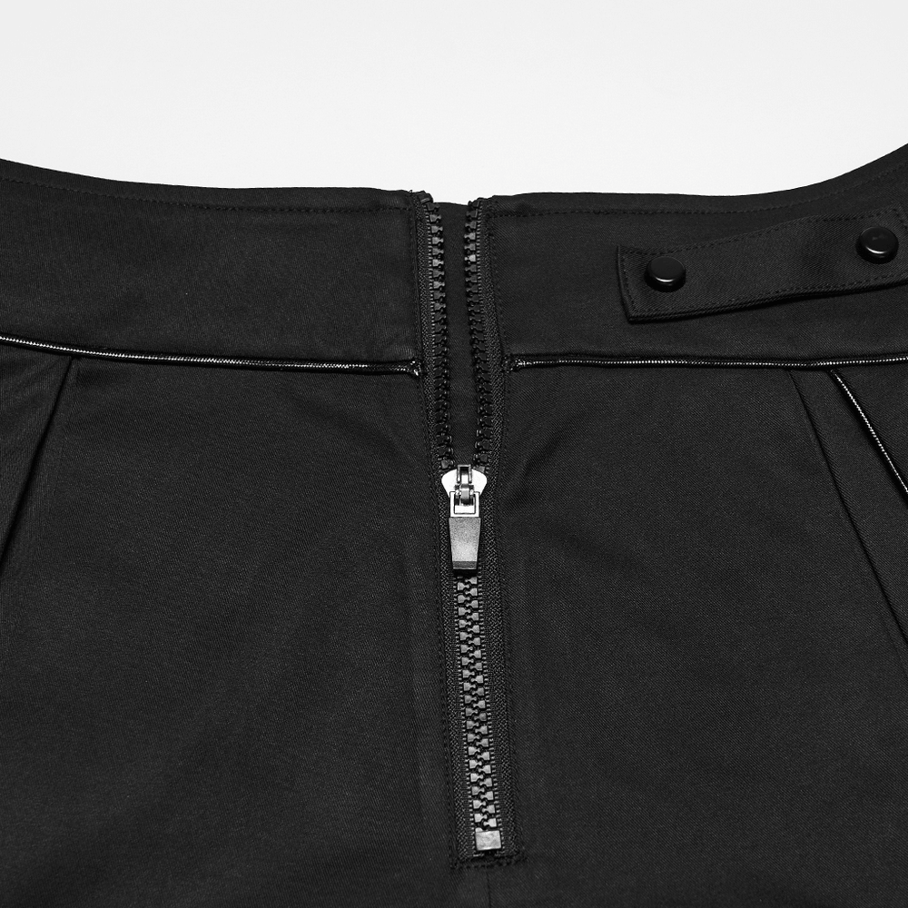 Black Cyberpunk Utility Skirt with Strap Panels for Men, featuring a sleek zipper and button accents.