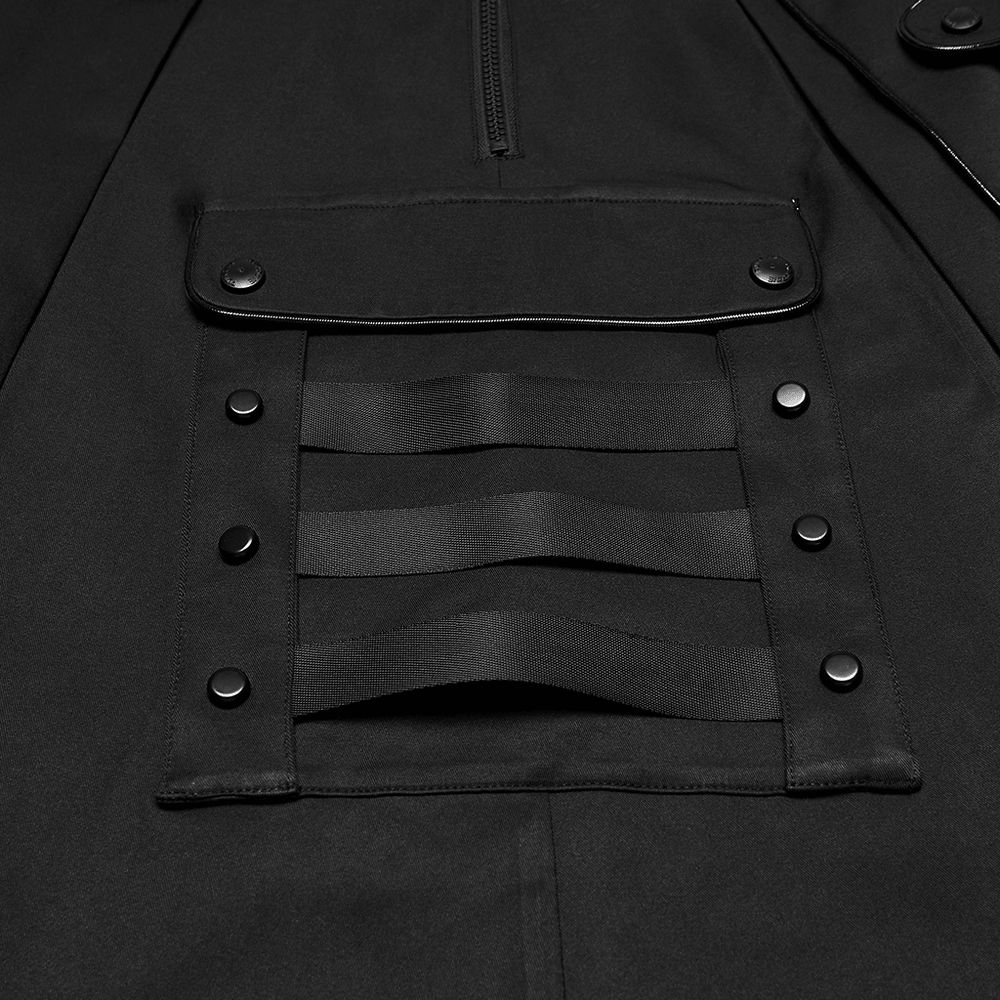 Black Cyberpunk Utility Skirt with Strap Panels for Men close-up of detailed pocket and strap design.