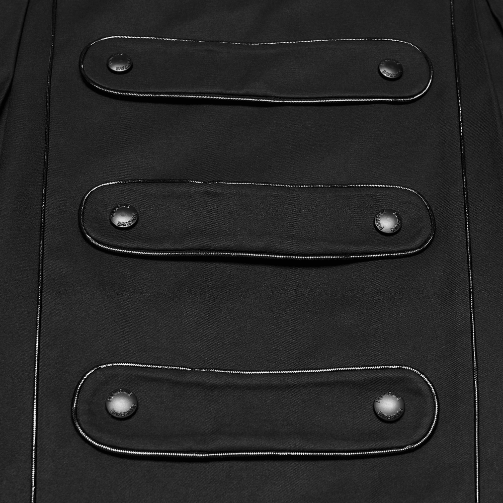 Close-up of button accents on Black Cyberpunk Utility Skirt with Strap Panels for Men.