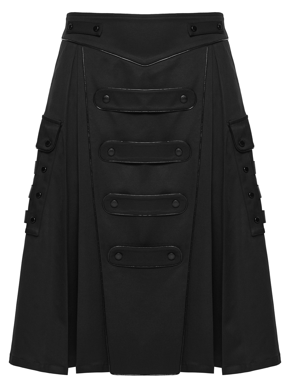 Black Cyberpunk Utility Skirt with Strap Panels for Men featuring cargo details and button accents.