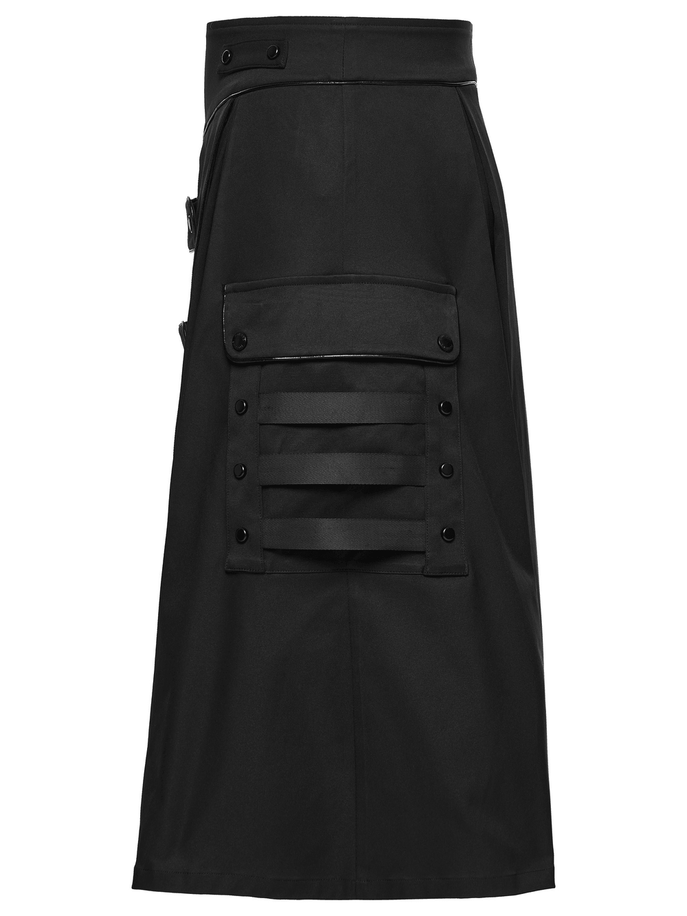 Black Cyberpunk Utility Skirt with Strap Panels for Men side view showcasing cargo details and button accents.