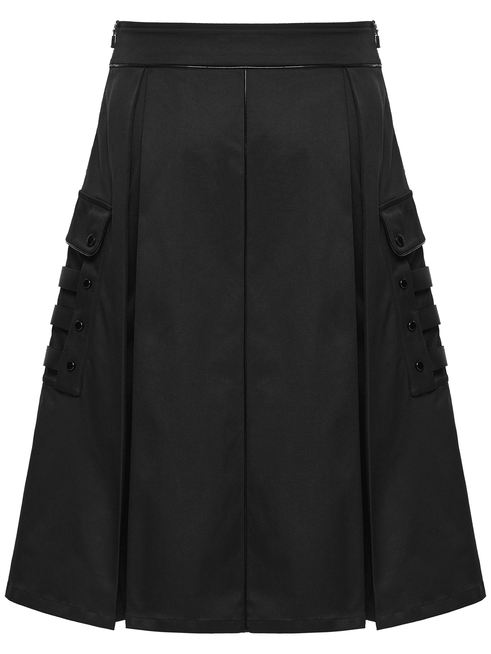 Black Cyberpunk Utility Skirt with Strap Panels for Men featuring cargo details and button accents.