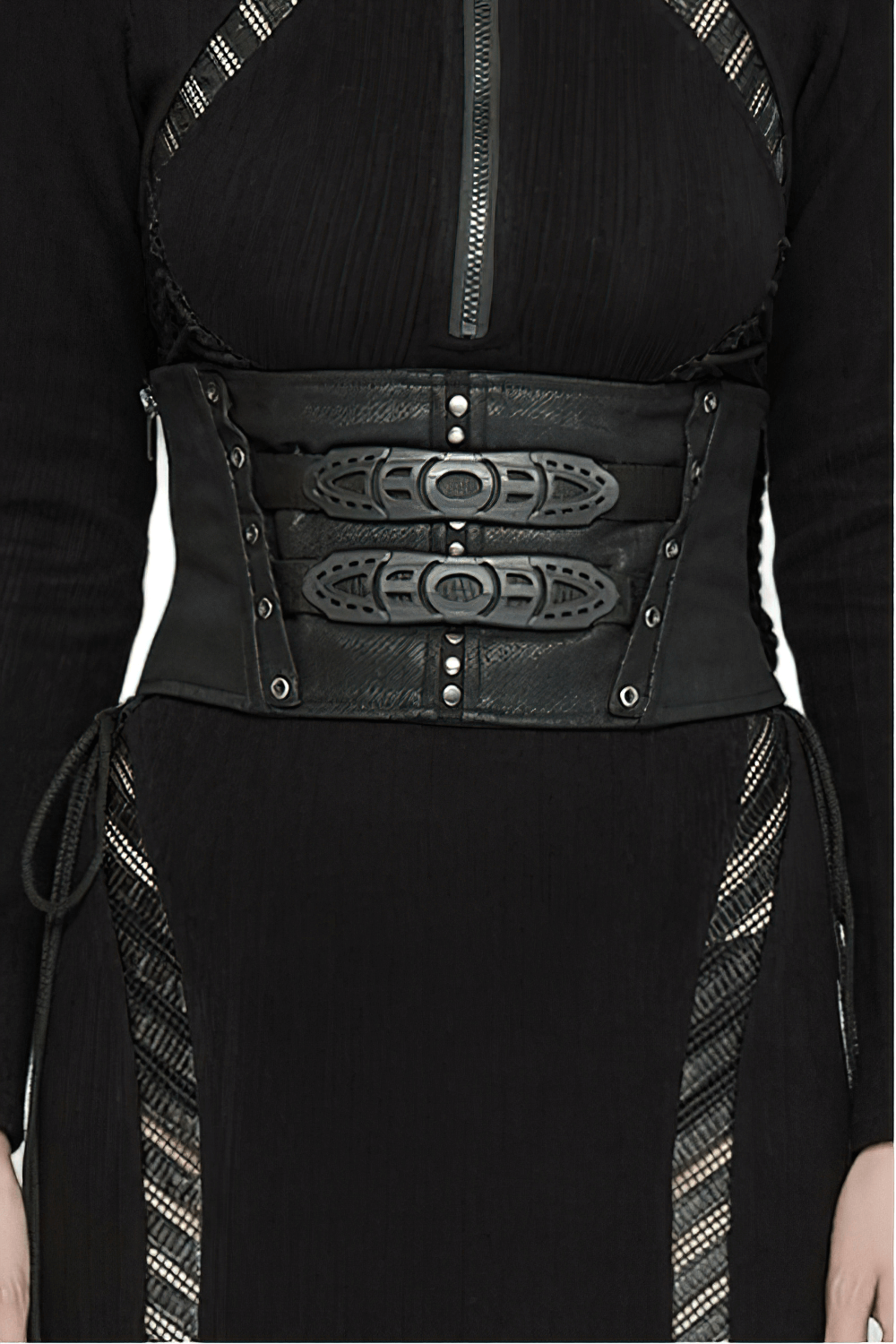 Black cyberpunk waist corset with buckle and lace-up back, designed for edgy futuristic fashion.