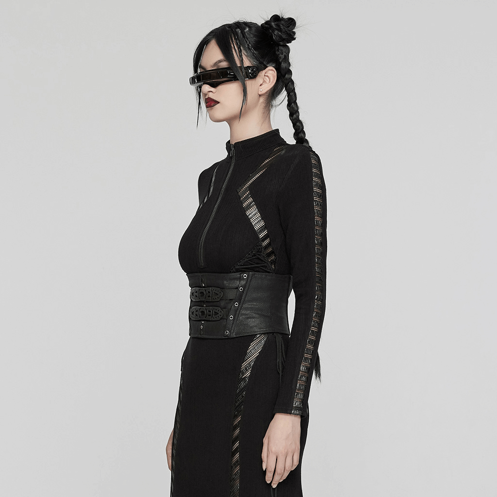 Black cyberpunk waist corset with buckle, features edgy design and lace back for a futuristic look.